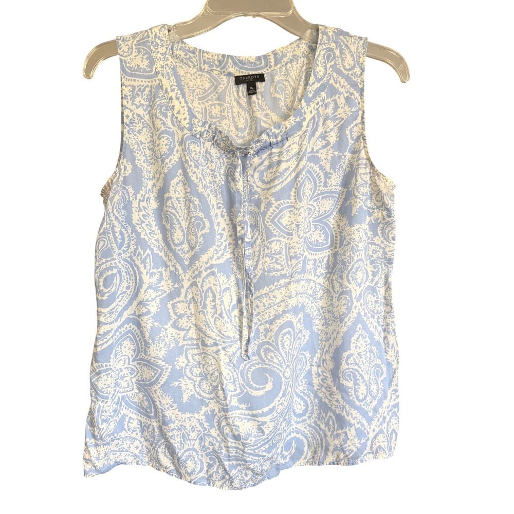 Talbots Petites Blue White Paisley Sleeveless Tencel Blouse Top Size MP